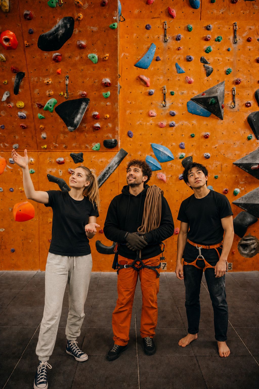 A GCS coach guiding two climbers at an indoor bouldering wall