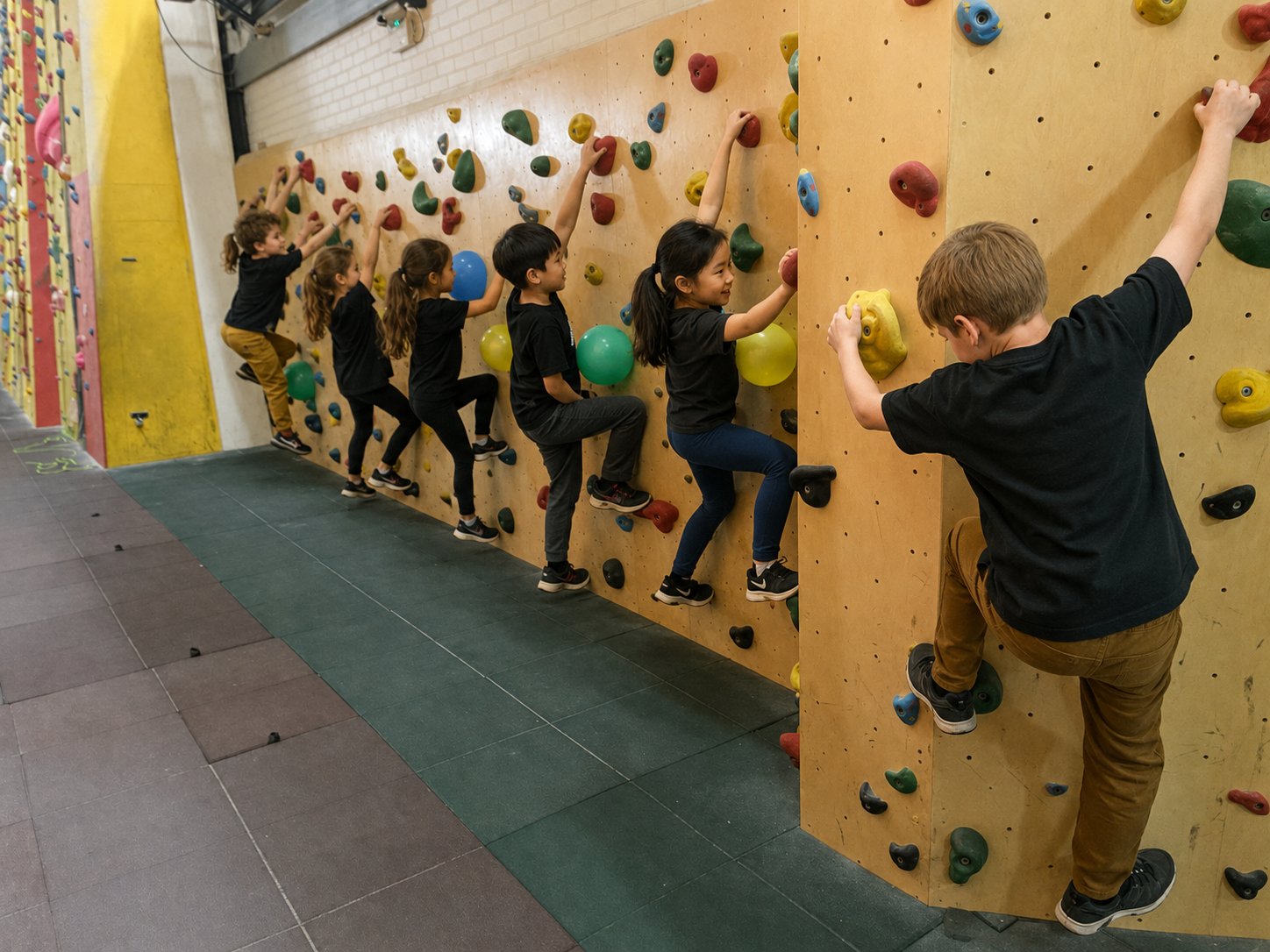 Young climbers traversing a bouldering wall at an indoor centre